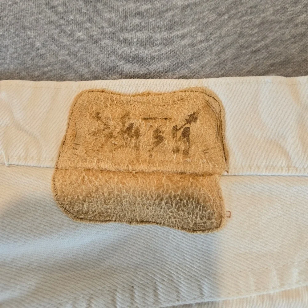 Vintage Stussy Jeans Mens 34 Cream Baggy Made USA Button Fly Denim 80's Skater